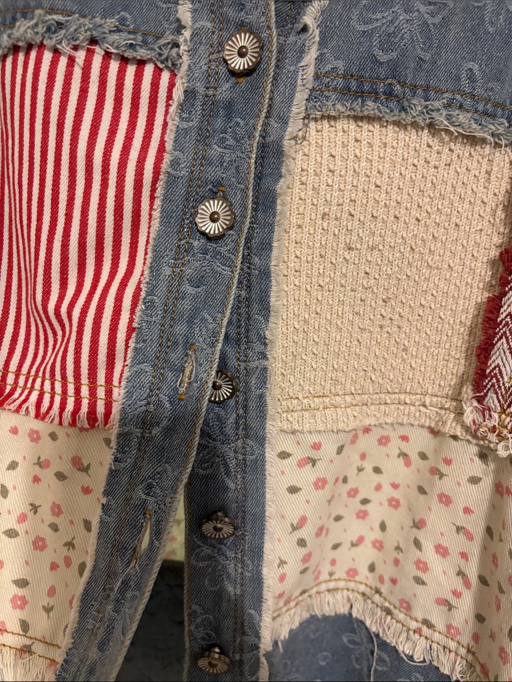 Boho Patchwork Denim Jacket - Floral & Stripe Panels - Picture 3 of 6